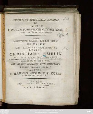 Dissertatio Inauguralis Juridica De Indole Bonorum Possessionis Contra Tabb. Juxta Doctrinam Juris Romani