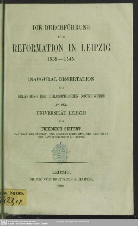 Die Durchführung der Reformation in Leipzig : 1536 - 1545