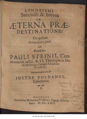Aphorismi Succincti & breves De Aeterna Praedestinatione