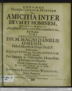 Dissertatio moralis de amicitia inter deum et hominem