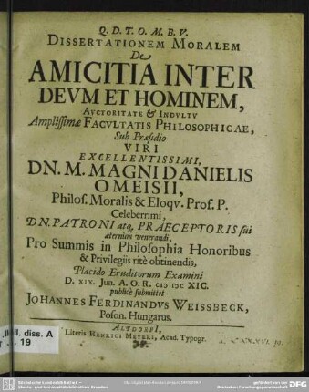 Dissertatio moralis de amicitia inter deum et hominem