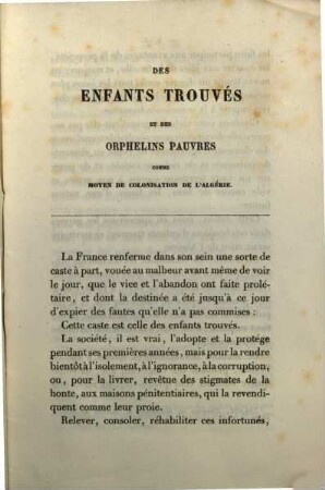 Des enfants trouveś et des orphelins pauvres comme moyen de colonisation de l'Algérie