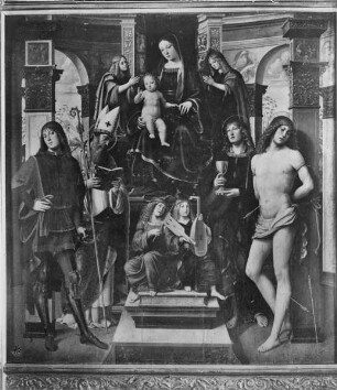 Thronende Maria mit Kind zwischen anbetenden Engeln, davor die Hll. Proculus, Augustinus, Joh.Ev., Sebastian und zwei musizierende Engel
