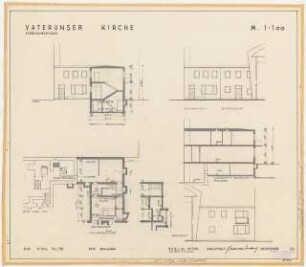 Vaterunser-Kirche Detmolderstraße/Blissestraße, Berlin-Wilmersdorf: Verbindungsflügel, Grundriss Keller, 3 Schnitte, 3 Ansichten, 1:100