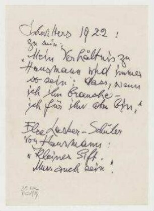 Notiz von Hannah Höch. Beiliegend zur Korrespondenz Helma Schwitters an Hannah Höch