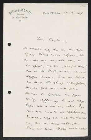 Brief von Otto Brahm von Lessing-Theater  an Gerhart Hauptmann