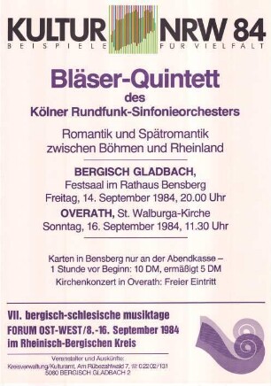 Forum Ost-West - VII. Bergisch-Schlesische Musiktage - Bläser-Quintett des Kölner Rundfunksinfonieorchesters: Romantik und Spätromantik zwischen Böhmen und Rheinland