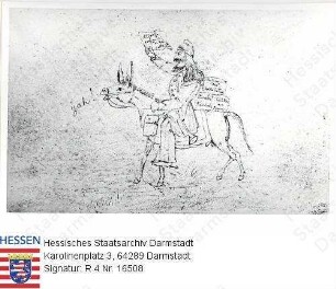 Niebergall, Ernst Elias (1815-1843) / Porträt, Karikatur, auf Esel sitzend, im Profil, Ganzfigur