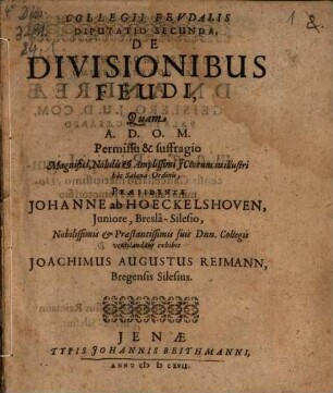 Collegii feudalis ..., Disp. II.. De divisionibus feudi