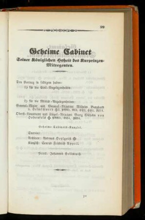 Geheime Cabinet Seiner königlichen Hoheit des Kurprinzen=Mitregenten.
