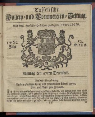 52. Stueck, Montag den 27ten December 1762