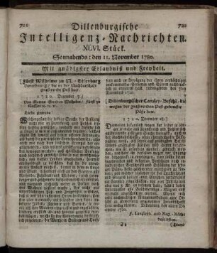 XLVI. Stück. Sonnabends : den 11. November 1780.