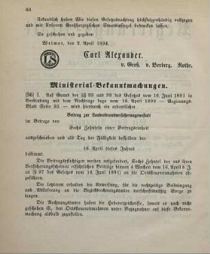36. Ministerial-Bekanntmachung, Ausschreiben eines ordentlichen Beitrags zur Landesbrandversicherungsanstalt betreffend