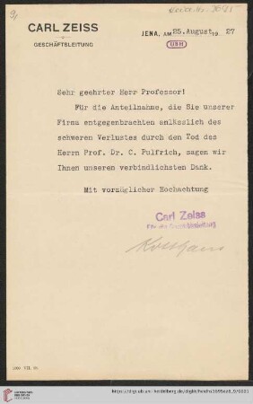 Briefe von Carl Zeiss (Jena) an Max Wolf: Brief von Carl Zeiss (Jena) an Max Wolf