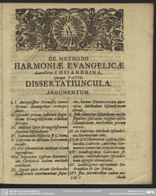 Cum Dissertatiuncula De Methodo Harmoniae Evangelicae Ametathetō s. Osiandrina eiusque Fatis : De Methodo Harmoniae Evangelicae Ametathetō s. Osiandrina eiusque Fatis, Dissertatiuncula