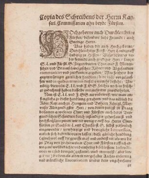 Copia des Schreibens der Herrn Kayserl. Commissarien ahn beyde Fürsten.