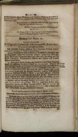 Beylage sub Num. 16. Extractus Protocolli Rmi Capituli Cathedralis Osnabrugensis Anno 1605. [...]
