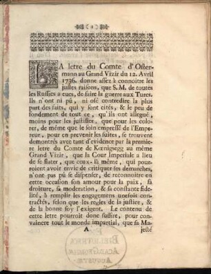 La letre du Comte d´Ostermann au Grand Vizir[...]