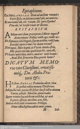 Dicatum Memoriae viri Clarißimi, ornatißimiq[ue] Dn. Abdie Praetorii [et]c