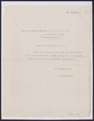 Schreiben an die Verlagsbuchhandlung Julius Bard, Berlin (Brief)