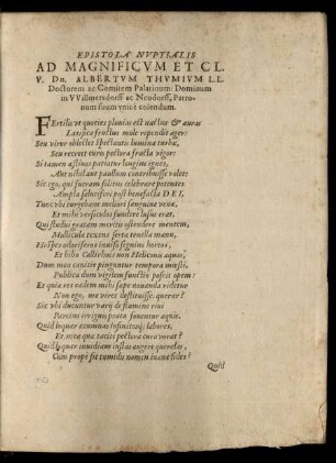 Epistola Nuptialis Ad Magnificum Et Cl. V. Dn. Albertum Thumium ...