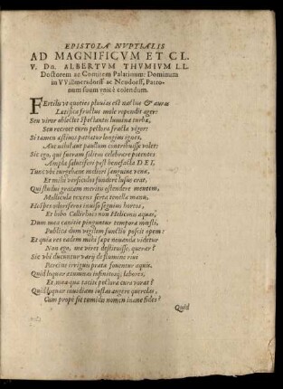 Epistola Nuptialis Ad Magnificum Et Cl. V. Dn. Albertum Thumium ...