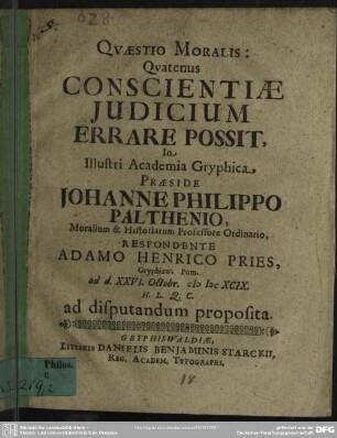 Questio moralis: quatenus judicium conscientiae errare possit