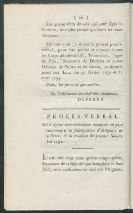 Procès-Verbal Des signes caractéristiques auxquels on peut reconnoître la falsification d'Assignats de 5 livres, de la Création du premier Novembre 1791.