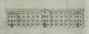 Entwurf für ein Hospital in Bukarest: Grundriß Erdgeschoß und Aufriß der Hofseite
