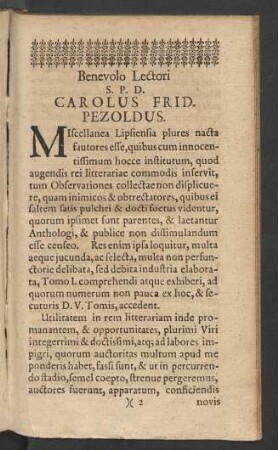 Benevolo Lectori S.P.D. Carolus Frid. Pezoldus