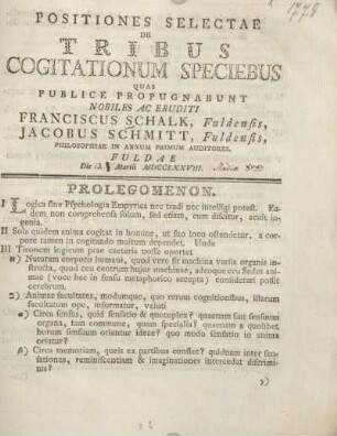 Positiones selectae de tribus cogitationum speciebus ...