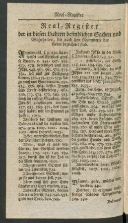Real-Register der in diesen Liedern befindlichen Sachen und Wahrheiten, die nach den Nummern der Lieder bezeichnet sind