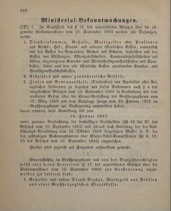 121. Ministerial-Bekanntmachung, die Einschätzung des steuerpflichtigen Einkommes betreffend
