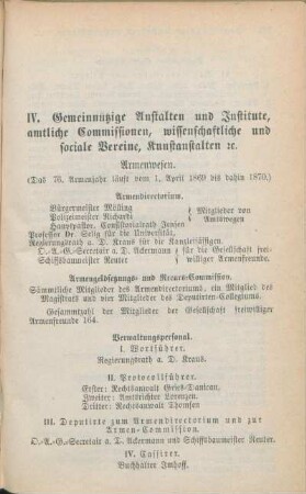 IV. Gemeinnützige Anstalten und Institute, amtliche Commissionen, wissenschaftliche und sociale Vereine, Kunstanstalten [et]c.