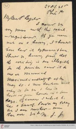 Briefe von Morris Jastrow an Carl Bezold: Karte von Morris Jastrow an Carl Bezold