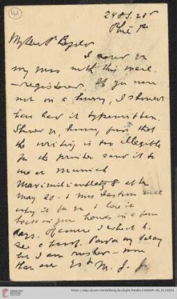 Briefe von Morris Jastrow an Carl Bezold: Karte von Morris Jastrow an Carl Bezold