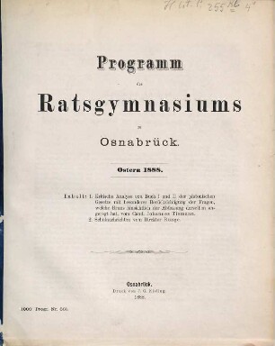 Programm des Ratsgymnasiums zu Osnabrück : Ostern .... 1887/88