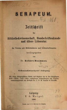 Serapeum : Zeitschrift für Bibliothekwissenschaft, Handschriftenkunde und ältere Literatur, 27. 1866