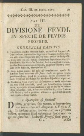 Cap. III. De Divisione Feudi, In Specie De Feudis Propriis
