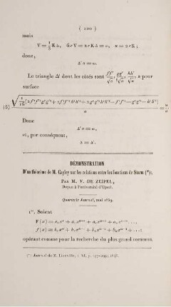 Démonstration d'un théorème de M. Cayley sur les relations entre les fonctions de Sturm.