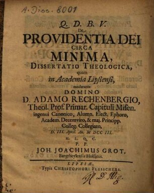 De Providentia Dei Circa Minima, Dissertatio Theologica
