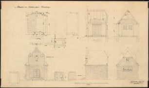 Gedenkstätte für die Gefallenen des Ersten Weltkrieges, Birkholz/Friedeberg: Aufriss Vorderansicht, Seitenansicht, Rückansicht, Grundriss, Längenschnitt, Querschnitt, 1:50