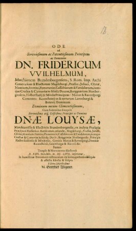 Ode ad Serenissimum ac Potentissimum Principem ac Dominum Dn. Fridericum Wilhelmum ...