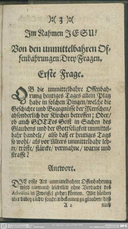 Von den unmittelbahren Offenbahrungen Drey Fragen