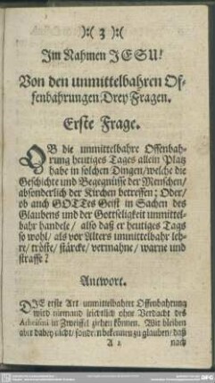 Von den unmittelbahren Offenbahrungen Drey Fragen