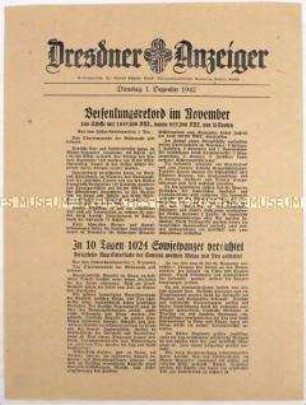 Nachrichtenblatt "Dresdner Anzeiger" mit Meldungen des Oberkommandos der Wehrmacht u.a. zum Seekrieg und zum Kriegsgeschehen an der Ostfront