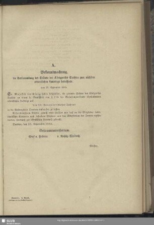 A. Bekanntmachung, die Versammlung der Stände des Königreichs Sachsen zum nächsten ordentlichen Landtage betreffend; vom 25. September 1885