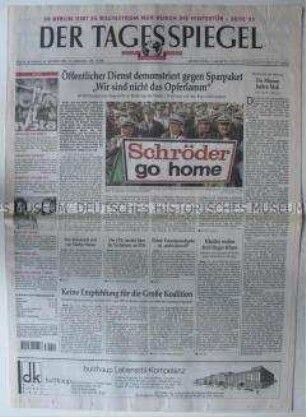 Berliner Tageszeitung "Der Tagesspiegel" mit einem Beitrag über eine Demonstration von Angehörigen des Öffentlichen Dienstes gegen die Sparpläne der Regierung