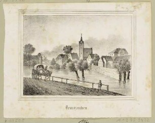 Ortsansicht von Trautzschen (Elstertrebnitz-Trautzschen) südlich von Pegau mit der Kirche, aus Sachsens Kirchen-Galerie von Hermann Schmidt, Bd. 6, 1841