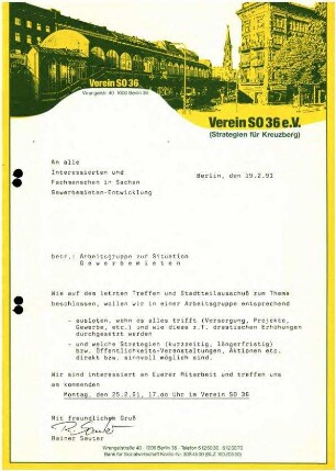 Protokolle: Arbeitsgruppe Gewerbemieten im Verein SO 36, 1991